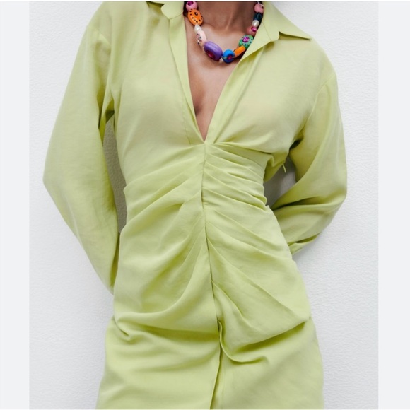 Zara Lime Green Ruched Mini Dress Collared Long Sleeve Shirt Dress XS/Small - Picture 2 of 15